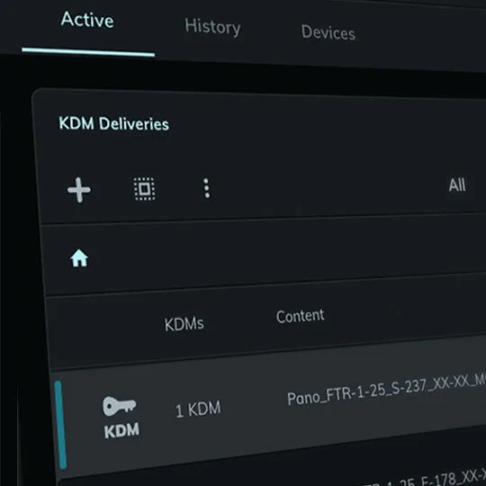 The KDM Deliveries screen, listing a feature’s delivery of one KDM under Active.