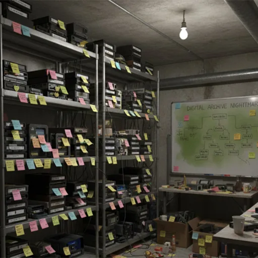 A cellar shelved with videotapes and drives, every one flagged with a coloured sticky note, beside a whiteboard headed “Digital archive nightmare”.