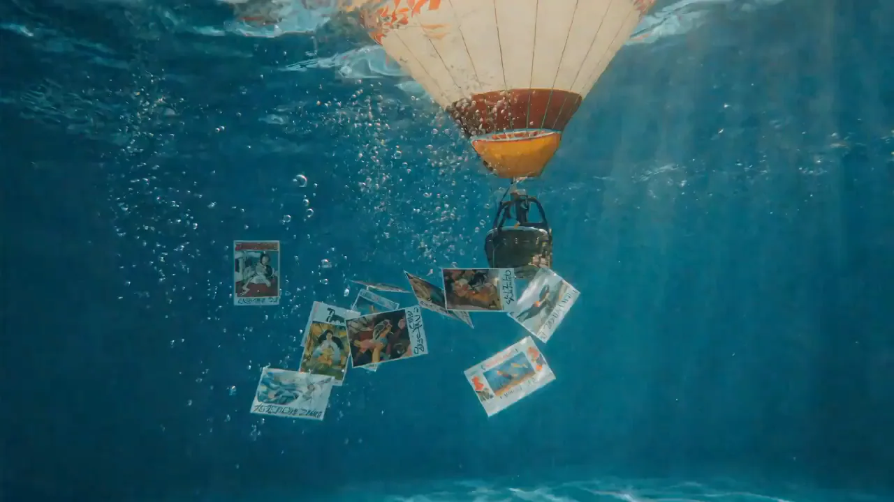 A hot-air balloon underwater, scattering postcards as it rises.