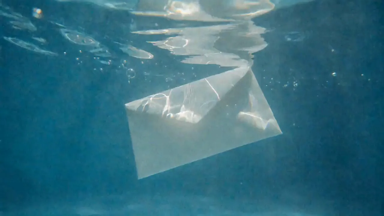 A translucent envelope sinking underwater, an ornate key inside it.