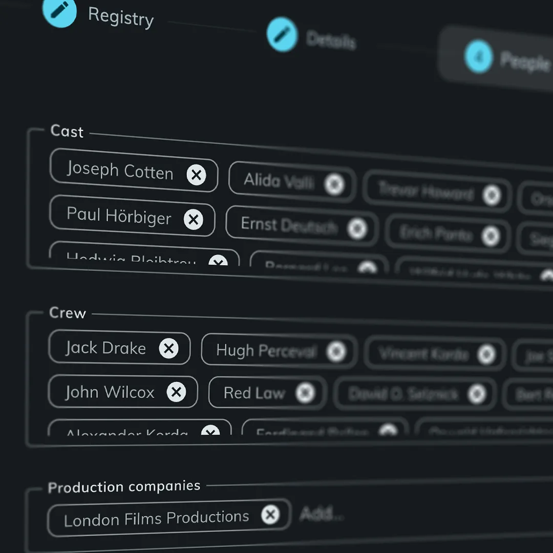 A work’s People tab with cast, crew and production company credits filled in as removable chips.