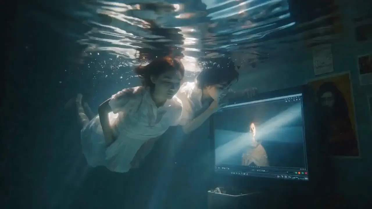 Two young women underwater watching a phone beside a monitor.