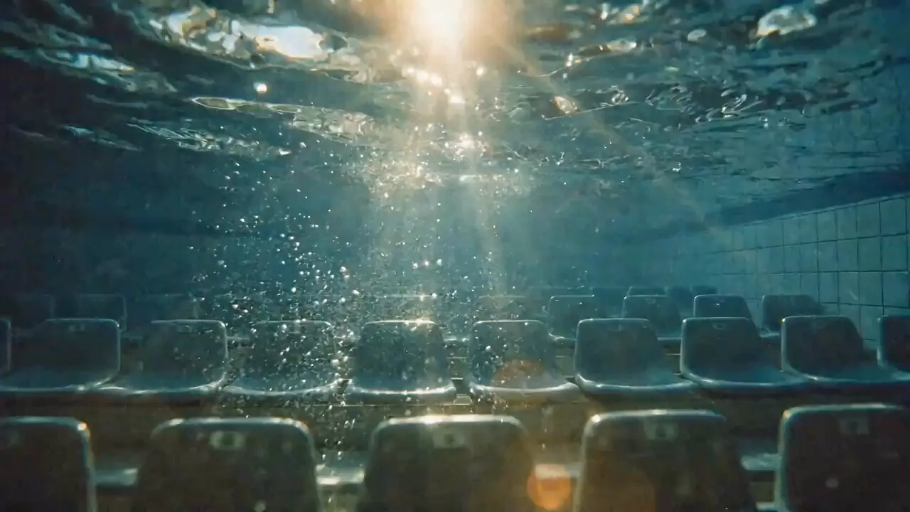 An audience seated in an underwater cinema under shafts of sunlight.