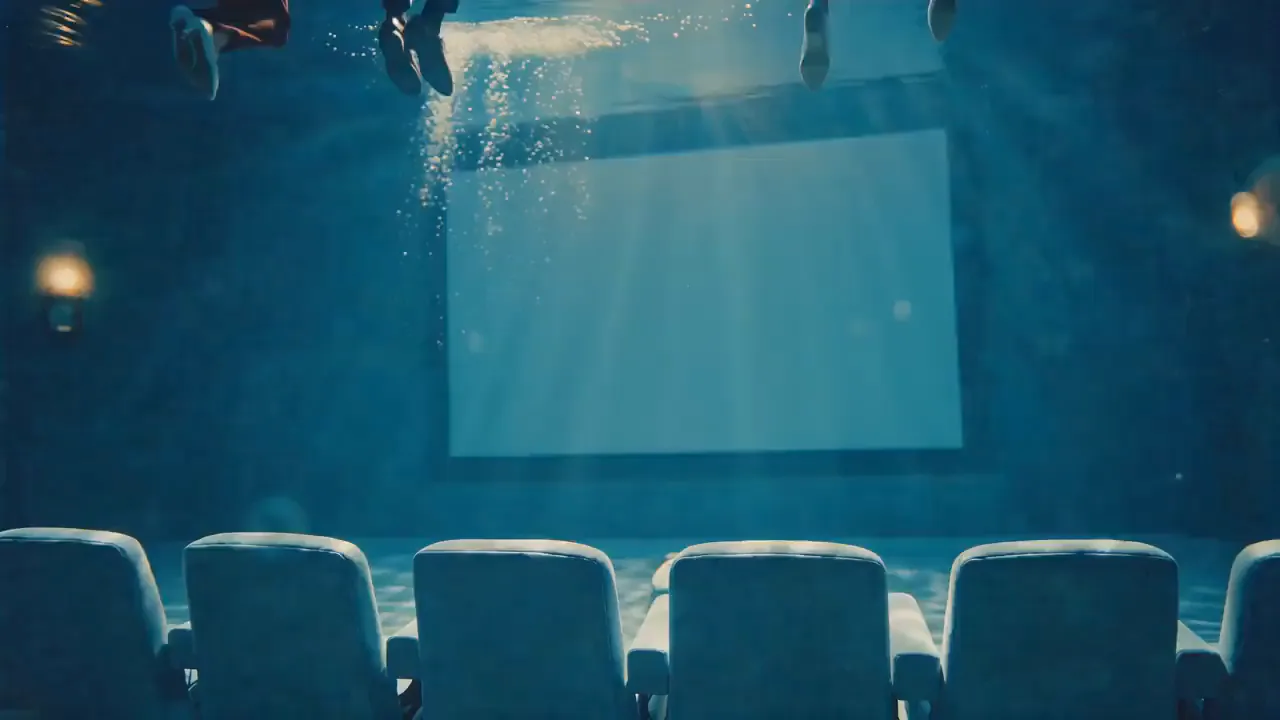 An audience seen from behind, watching a screen in an underwater cinema.