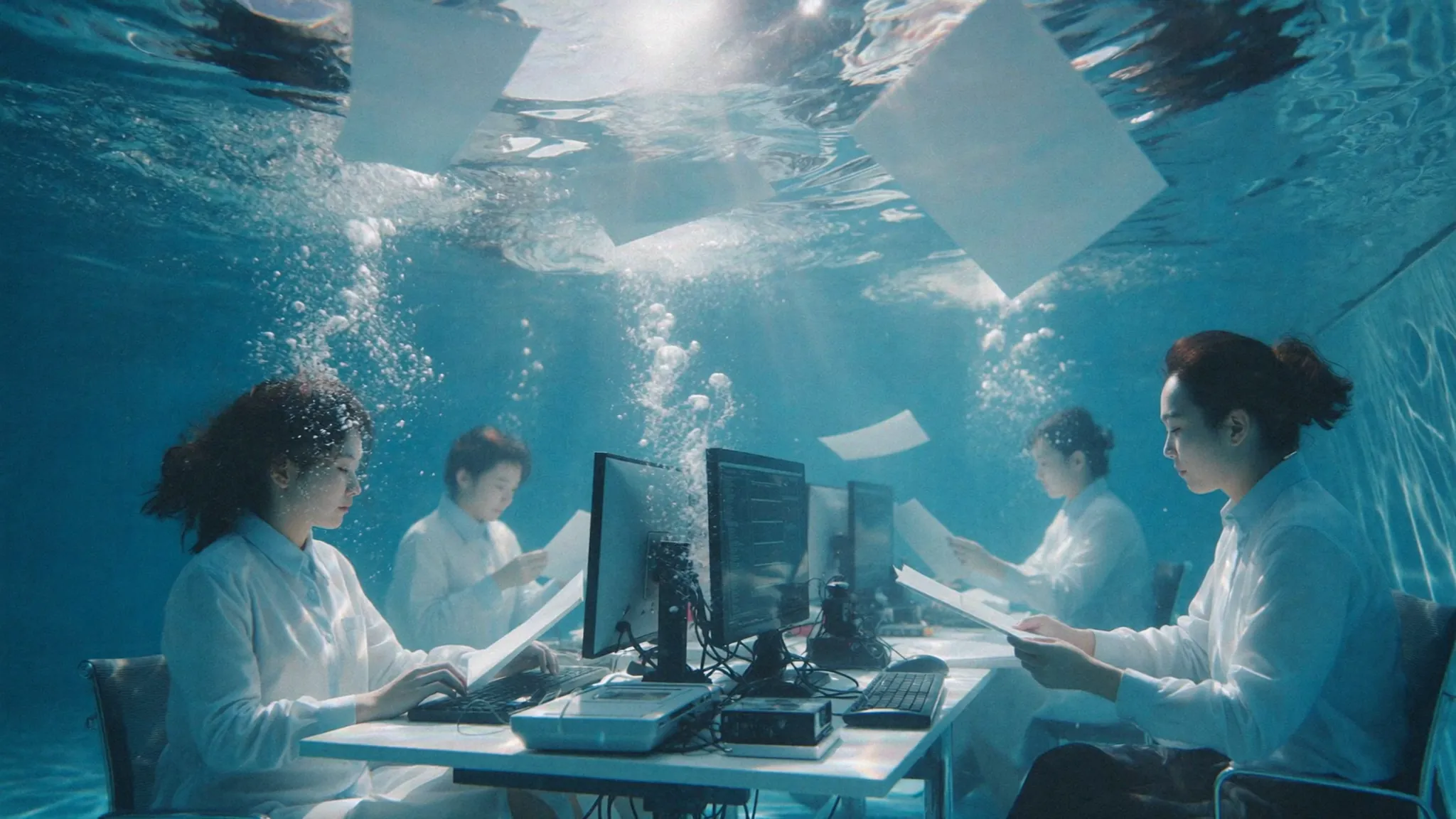A post-production team working at desks and monitors underwater.
